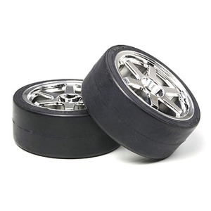 하비몬[#TA53960] 6 Spoke Plated Wheels W/Drift Tire Type D 26mm O/S+2[상품코드]TAMIYA